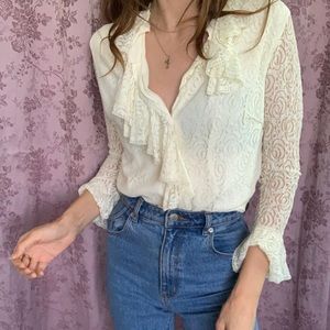 Vintage ivory lace button down ruffled blouse